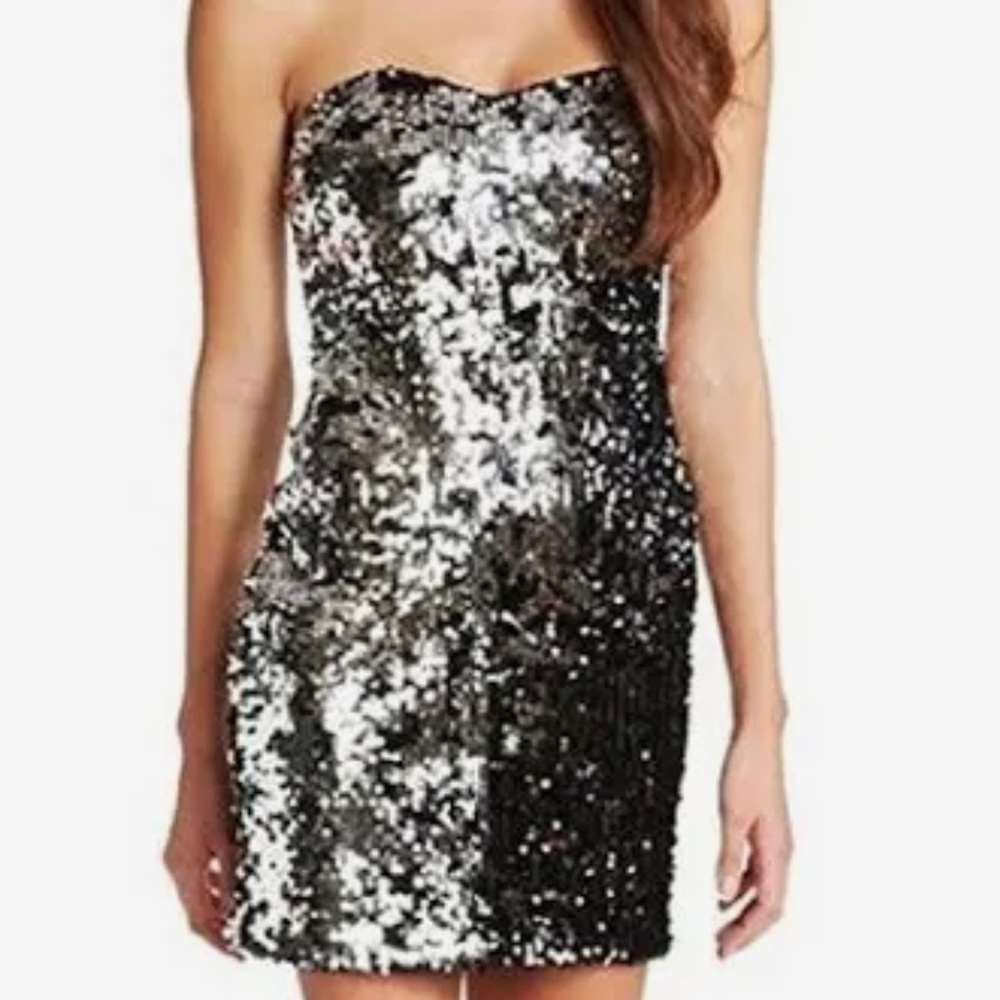 As U Wish strapless sequin dress size small silver black shirt lined